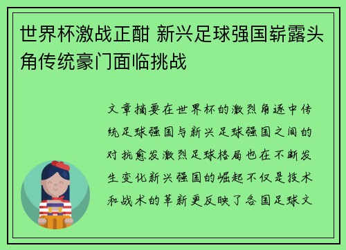 世界杯激战正酣 新兴足球强国崭露头角传统豪门面临挑战